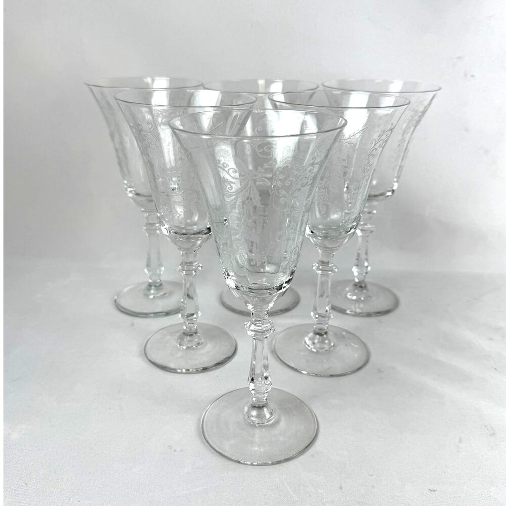 Vintage Etched Crystal Flower Wine Glasses Water Goblets Set Of 6